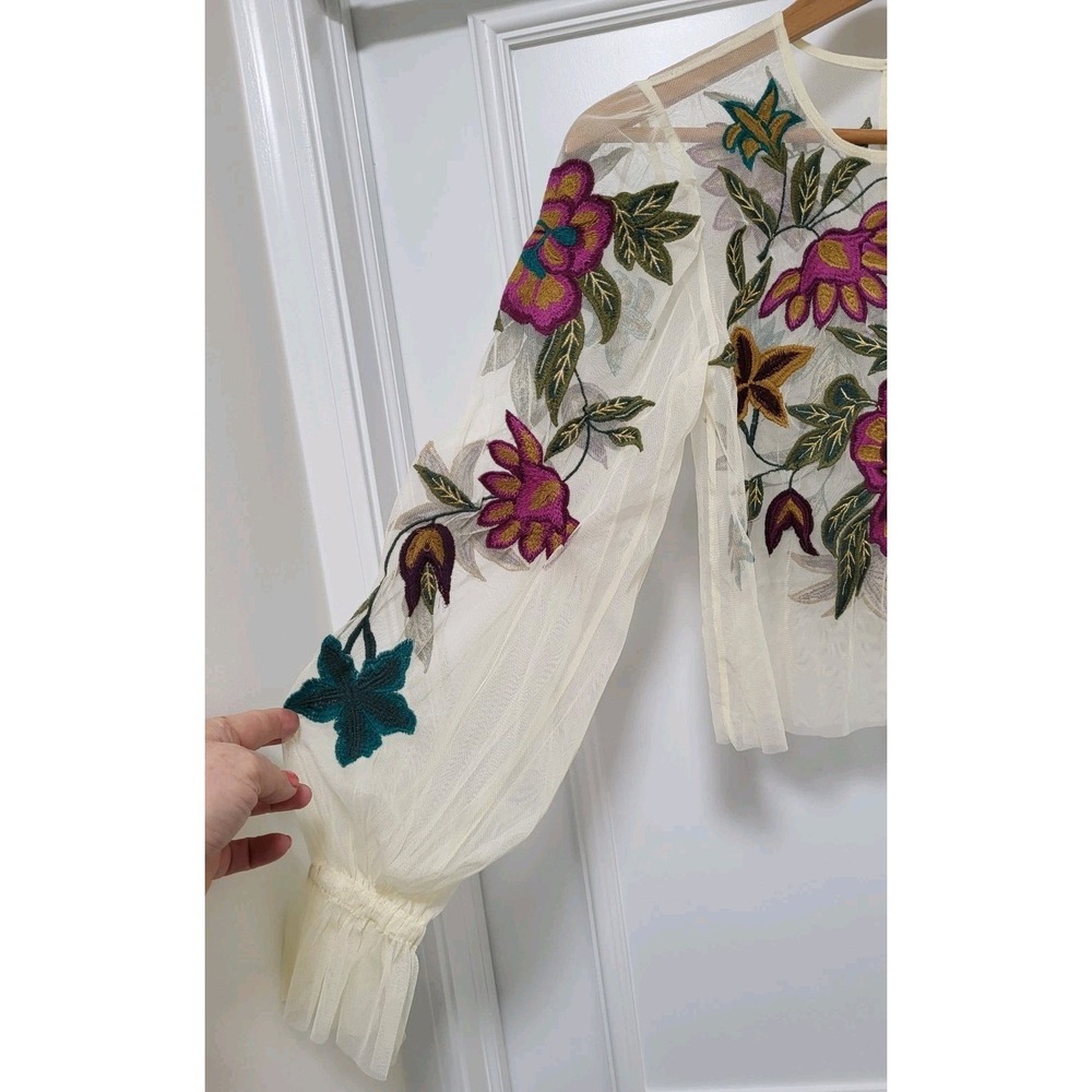 By Anthropologie Layla Sheer Multicolor Floral Embroidered Garden Fairy Top XS - Picture 3 of 7